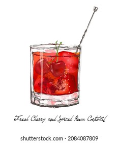 Fresh cherry and spiced rum cocktail - vector illustration 