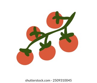 Frische Kirschtomate wächst auf dem Zweig. Kleines rotes Gemüse auf Nahrungspflanze. Bio natürliche rohe Gemüse, gesunde Ernährung Ikone. Flache grafische Vektorgrafik einzeln auf weißem Hintergrund