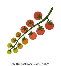 Tomates cereja frescos em um galho. Alimentos orgânicos e veganos, vegetais crus para uma alimentação saudável. Ilustração vetorial em estilo plano em um fundo branco.