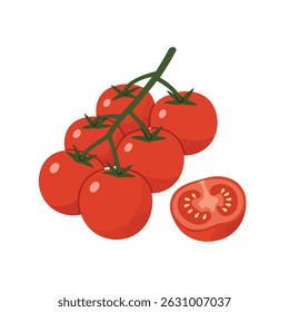 Tomates cereja frescos na vinha com um corte em meio. Ilustração vetorial mínima moderna perfeita para embalagem de alimentos, livros de receitas, design de menu e marca de produto orgânico
