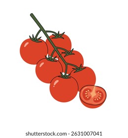 Tomates cereja frescos na vinha com um corte em meio. Ilustração vetorial mínima moderna perfeita para embalagem de alimentos, livros de receitas, design de menu e marca de produto orgânico