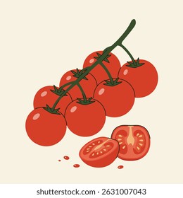 Fresh cherry tomatoes on vine with one cut in a half. Modern minimal vector illustration perfect for food packaging, recipe books, menu design and organic product branding