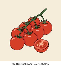 Tomates cereja frescos na vinha com um corte em meio. Ilustração vetorial mínima moderna perfeita para embalagem de alimentos, livros de receitas, design de menu e marca de produto orgânico