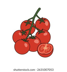 Tomates cereja frescos na vinha com um corte em meio. Ilustração vetorial mínima moderna perfeita para embalagem de alimentos, livros de receitas, design de menu e marca de produto orgânico