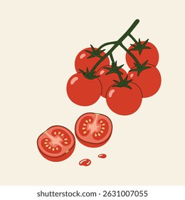 Tomates cereja frescos na vinha com um corte em meio. Ilustração vetorial mínima moderna perfeita para embalagem de alimentos, livros de receitas, design de menu e marca de produto orgânico