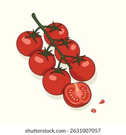 Tomates cereja frescos na vinha com um corte em meio. Ilustração vetorial mínima moderna perfeita para embalagem de alimentos, livros de receitas, design de menu e marca de produto orgânico