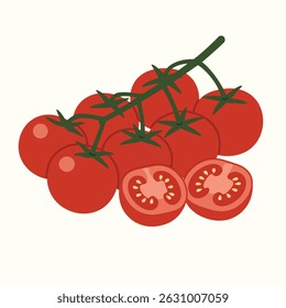 Tomates cereja frescos na vinha com um corte em meio. Ilustração vetorial mínima moderna perfeita para embalagem de alimentos, livros de receitas, design de menu e marca de produto orgânico