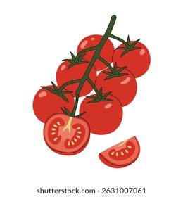 Tomates cereja frescos na vinha com um corte em meio. Ilustração vetorial mínima moderna perfeita para embalagem de alimentos, livros de receitas, design de menu e marca de produto orgânico
