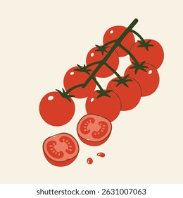 Tomates cereja frescos na vinha com um corte em meio. Ilustração vetorial mínima moderna perfeita para embalagem de alimentos, livros de receitas, design de menu e marca de produto orgânico