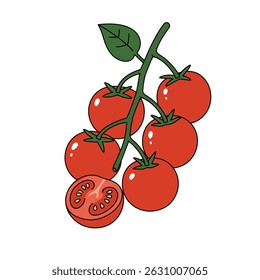 Tomates cereja frescos na vinha com um corte em meio. Ilustração vetorial mínima moderna perfeita para embalagem de alimentos, livros de receitas, design de menu e marca de produto orgânico