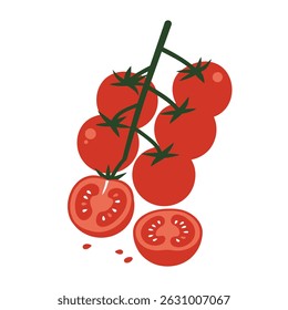 Tomates cereja frescos na vinha com um corte em meio. Ilustração vetorial mínima moderna perfeita para embalagem de alimentos, livros de receitas, design de menu e marca de produto orgânico