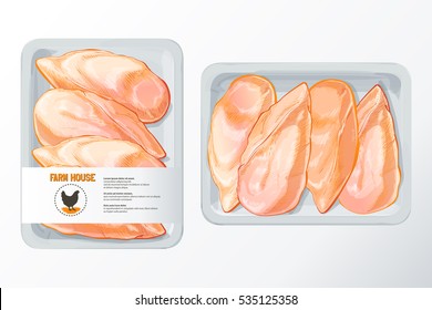 Fresh chicken breast White polystyrene packaging, vector mockup Top view vintage vector isolated sketch hand drown