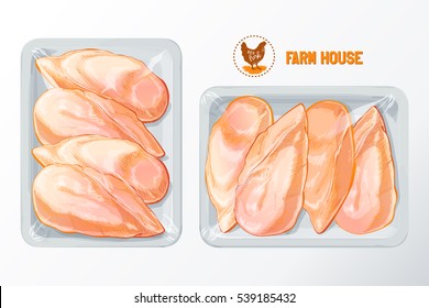 Fresh chicken breast White polystyrene packaging, vector mockup Top view vintage vector isolated sketch hand drown