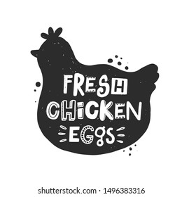 Fresh chicken eggs banner template. Farm hen silhouette. Healthy nutrition, natural dish stylized lettering with ink drops. Fast cooking meal, farmer market poster design element