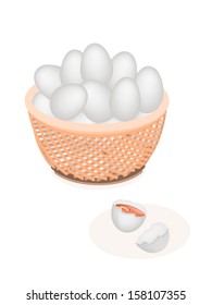 Fresh Chicken Eggs or Duck Eggs in A Wicker Basket and Cracked Egg on White Backgrounds 