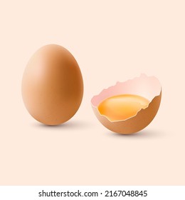Fresh Chicken Eggs. The Egg is Half Broken in the Shell and a Whole Large Brown Egg.
