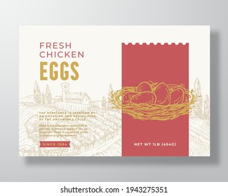 Fresh Chicken Eggs Food Label Template. Abstract Vector Packaging Design Layout. Modern Typography Banner with Hand Drawn Nest and Rural Landscape Background. Isolated.