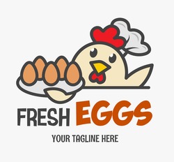 Fresh Chicken Eggs Logo. Funny Chicken Wearing A Chef's Hat Serves Eggs On A Tray. Design For Print, Emblem, T-shirt, Party Decoration, Sticker, Logotype.