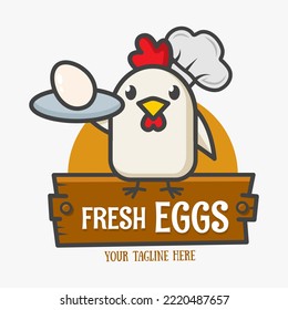 Fresh chicken eggs logo. Funny chicken wearing a chef's hat serves eggs on a tray. Design for print, emblem, t-shirt, party decoration, sticker, logotype.