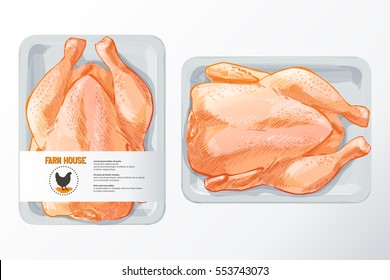 Fresh chicken meat. White polystyrene packaging, vector mockup Top view vintage vector isolated sketch hand drown watercolor