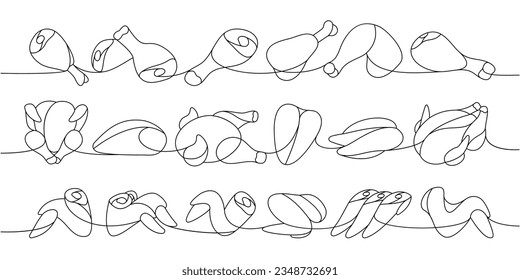 Fresh chicken parts set one line continuous drawing. Raw chicken meat parts continuous one line illustration. Vector minimalist linear illustration.