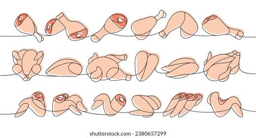 Fresh chicken parts set one line colored continuous drawing. Raw chicken meat parts continuous one line illustration. Vector linear illustration.
