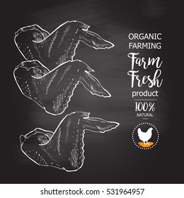 Fresh chicken wings. Top view. Isolated vintage vector isolated sketch hand drown chalk drawing on the blackboard