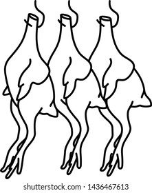Fresh chickens hanging in butcher. Vector outline icon isolated on white background.