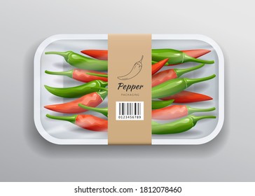 Fresh chili one packaging, in white foam tray wrapped in plastic with brown label, design isolated on gray background. Eps 10 vector illustration