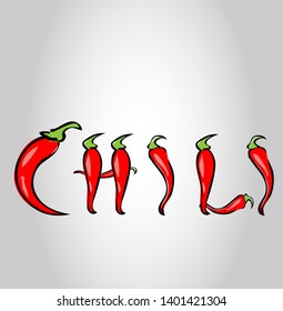 Fresh Chili Pepper Lettering. Chili Pepper Titles Isolated On A White Background.