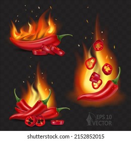 Fresh chili pepper set, burning pepper with falling pieces, BBQ spicy food, 3d realistic vector illustration