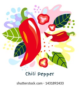 Fresh chili pepper vegetable juice splash organic food juicy vegetables splatter on abstract background vector hand drawn illustrations