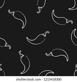 Fresh chilli vegetable chalk style seamless pattern. Contour design background on black chalkboard with chalk silhouette chili pepper vegetables. Seamless vector illustration for healthy diet pattern