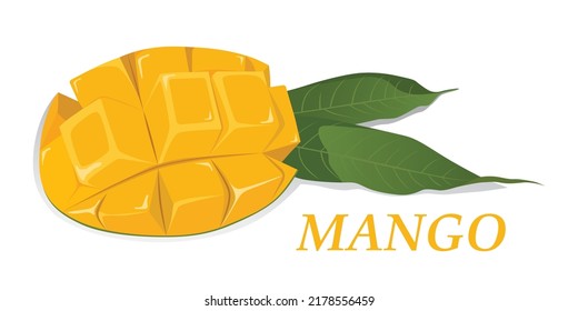 Fresh chopped mango in cubes with green leaves vector illustration