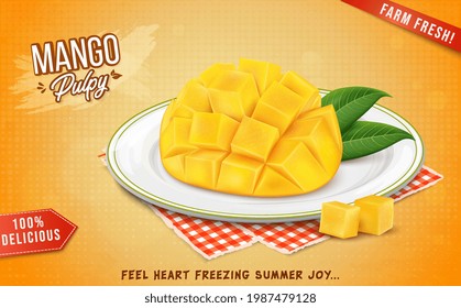 Fresh chopped mango in cubes vector illustration