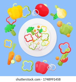 Fresh and chopped vegetable salad on plate.