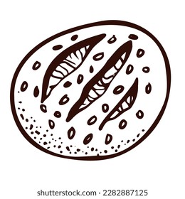 Fresh circle bread. Bakery item and element. Graphic outline hand drawn vector illustration isolated on white background for menu, bakery label design.