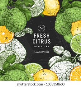 Fresh citrus calkboard design template. Engraved style illustration. Organic fruit frame. Vector illustration