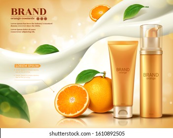 Fresh citrus cosmetic set with flowing creamy lotion and glittering effect in 3d illustration, skincare ads