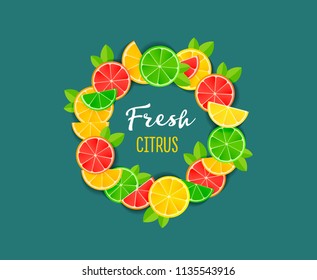 Fresh citrus design composition, fruit slices in circle with typography inside on green background, bright minimal flat graphic