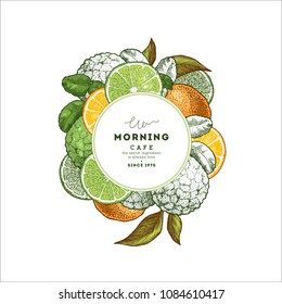 Fresh citrus design round template. Engraved style illustration. Organic fruits. Vector illustration
