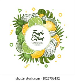 Plantilla de diseño de cítricos frescos. Ilustración de estilo grabada. Diseño de embalaje de frutas orgánicas. Ilustración del vector