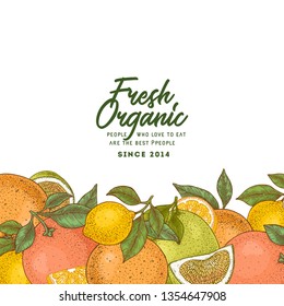 Fresh citrus design template. Engraved style illustration. Orange, lemon, tangerine, pomelo, grapefruit. Vector illustration