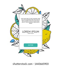 Fresh citrus design template. Healthy and fresh lemons banner. Yellow fruits and green leaves on white background. Vector illustration. For digital advertisement, presentations, posters, brochure