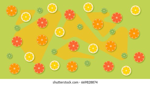 Fresh citrus fruit rain on a green yellow background