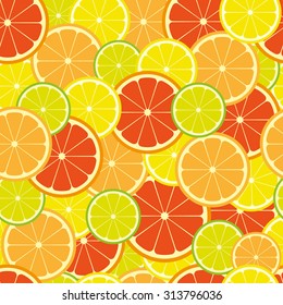 Fresh citrus fruit seamless pattern. Background with pieces of lemon, orange, lime and grapefruit. Vector illustration