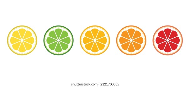 Fresh citrus fruit vector icons set. Citrus slices set: lemon, orange, lime, grapefruit and mandarin