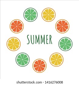 fresh citrus fruits with circle frame. lemons, oranges, tangerines, limes and grapefruit. summer text. Vector illustration