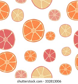 Fresh citrus fruits. Hand drawn seamless pattern with pretty doodle orange and grapefruit slices