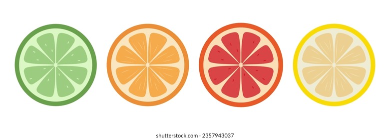 Fresh citrus fruits isolated on white background. Vector set of fruit slices. Lemon, lime, orange, grapefruit.